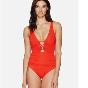 Ralph LAUREN Red One-Piece Swimsuit Size 8 Ruched Loop Cutout V-neck